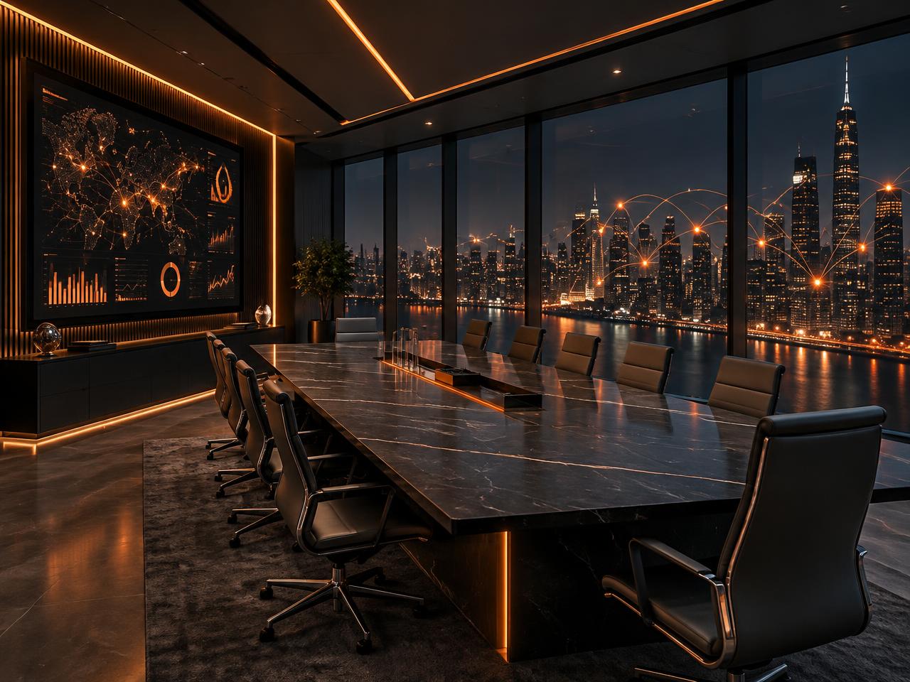 Sala de juntas corporativa de noche con pantallas de datos y vista a la ciudad